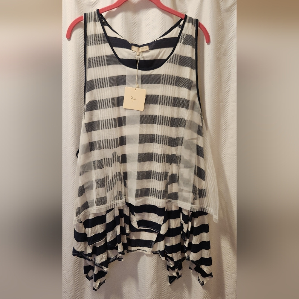 Ryu Navy Blue and White Striped Tank Top With LACE Overlay